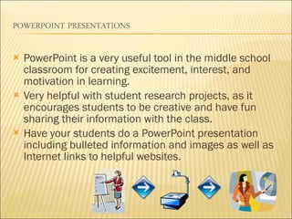 PowerPoint is a very useful tool in the middle school classroom for creating excitement, interest, and motivation in learning. Very helpful with student research projects, as it encourages students to be creative and have fun sharing their information with the class.  Have your students do a PowerPoint presentation including bulleted information and images as well as Internet links to helpful websites.  