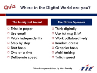 Where in the Digital World are you? Think in paper Use email Work independently Step by step Text focus One at a time Deliberate speed Think digitally Use txt msg & IM Work collaboratively Random access Graphics focus Multi-tasking Twitch speed The Immigrant Accent The Native Speakers Taken from presentations by Marc Prensky 