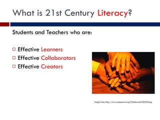 What is 21st Century  Literacy ? Students and Teachers who are: Effective  Learners Effective  Collaborators Effective  Creators Image from: http://www.uniquecare.org/Collaborate%20250.jpg 