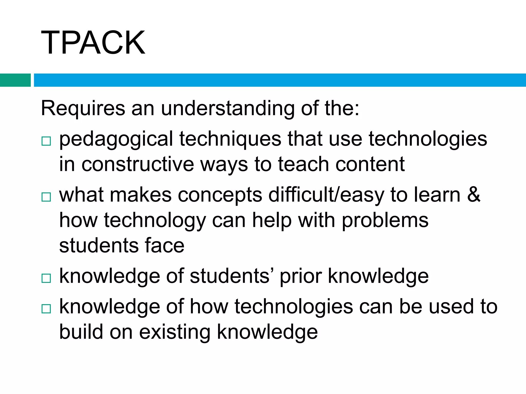 TPACK 
Requires an understanding of the: 
 pedagogical techniques that use technologies 
in constructive ways to teach content 
 what makes concepts difficult/easy to learn & 
how technology can help with problems 
students face 
 knowledge of students’ prior knowledge 
 knowledge of how technologies can be used to 
build on existing knowledge 
 