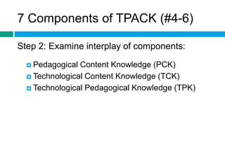 7 Components of TPACK (#4-6) 
Step 2: Examine interplay of components: 
 Pedagogical Content Knowledge (PCK) 
 Technological Content Knowledge (TCK) 
 Technological Pedagogical Knowledge (TPK) 
 