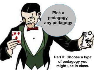 Pick a 
pedagogy, 
any pedagogy 
Part II: Choose a type 
of pedagogy you 
might use in class. 
 