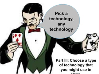 Pick a 
technology, 
any 
technology 
Part III: Choose a type 
of technology that 
you might use in 
class. 
 