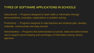TYPES OF SOFTWARE APPLICATIONS IN SCHOOLS
Instructional → Programs designed to teach skills or information through
demonstrations, examples, explanations or problem solving.
Productivity → Programs designed to help teachers and students plan, develop
materials, communicate and keep records.
Administrative → Programs that administrators at school, state and district levels
use to support record keeping and exchanges of information among various
agencies.
 