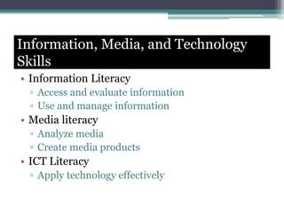 Information, Media, and Technology
Skills
• Information Literacy
▫ Access and evaluate information
▫ Use and manage information
• Media literacy
▫ Analyze media
▫ Create media products
• ICT Literacy
▫ Apply technology effectively
 