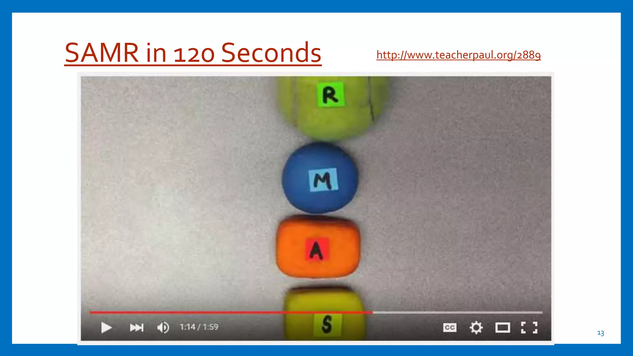 SAMR in 120 Seconds
13
http://www.teacherpaul.org/2889
 