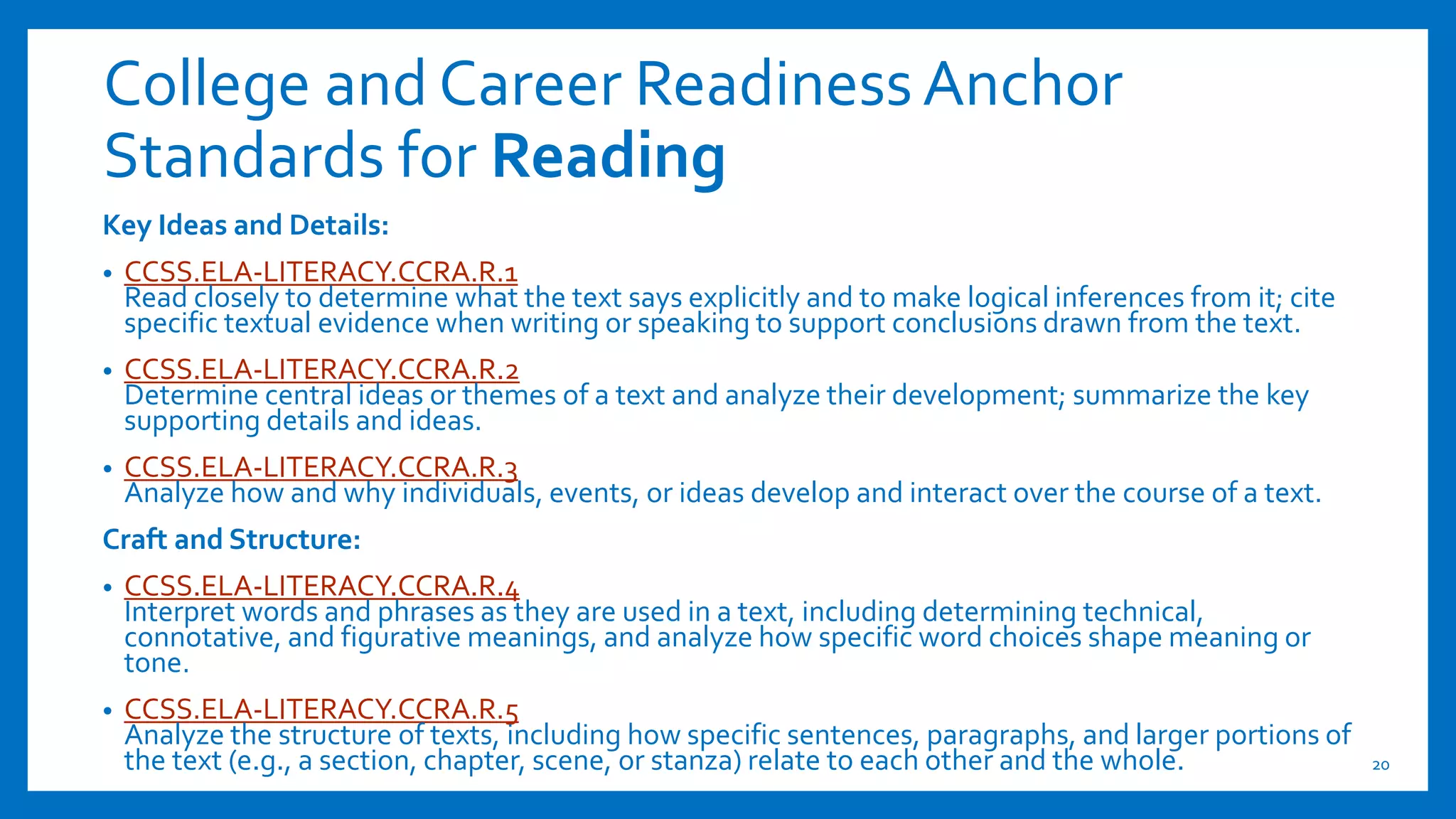 College and Career ReadinessAnchor
Standards for Reading
Key Ideas and Details:
• CCSS.ELA-LITERACY.CCRA.R.1
Read closely to determine what the text says explicitly and to make logical inferences from it; cite
specific textual evidence when writing or speaking to support conclusions drawn from the text.
• CCSS.ELA-LITERACY.CCRA.R.2
Determine central ideas or themes of a text and analyze their development; summarize the key
supporting details and ideas.
• CCSS.ELA-LITERACY.CCRA.R.3
Analyze how and why individuals, events, or ideas develop and interact over the course of a text.
Craft and Structure:
• CCSS.ELA-LITERACY.CCRA.R.4
Interpret words and phrases as they are used in a text, including determining technical,
connotative, and figurative meanings, and analyze how specific word choices shape meaning or
tone.
• CCSS.ELA-LITERACY.CCRA.R.5
Analyze the structure of texts, including how specific sentences, paragraphs, and larger portions of
the text (e.g., a section, chapter, scene, or stanza) relate to each other and the whole. 20
 