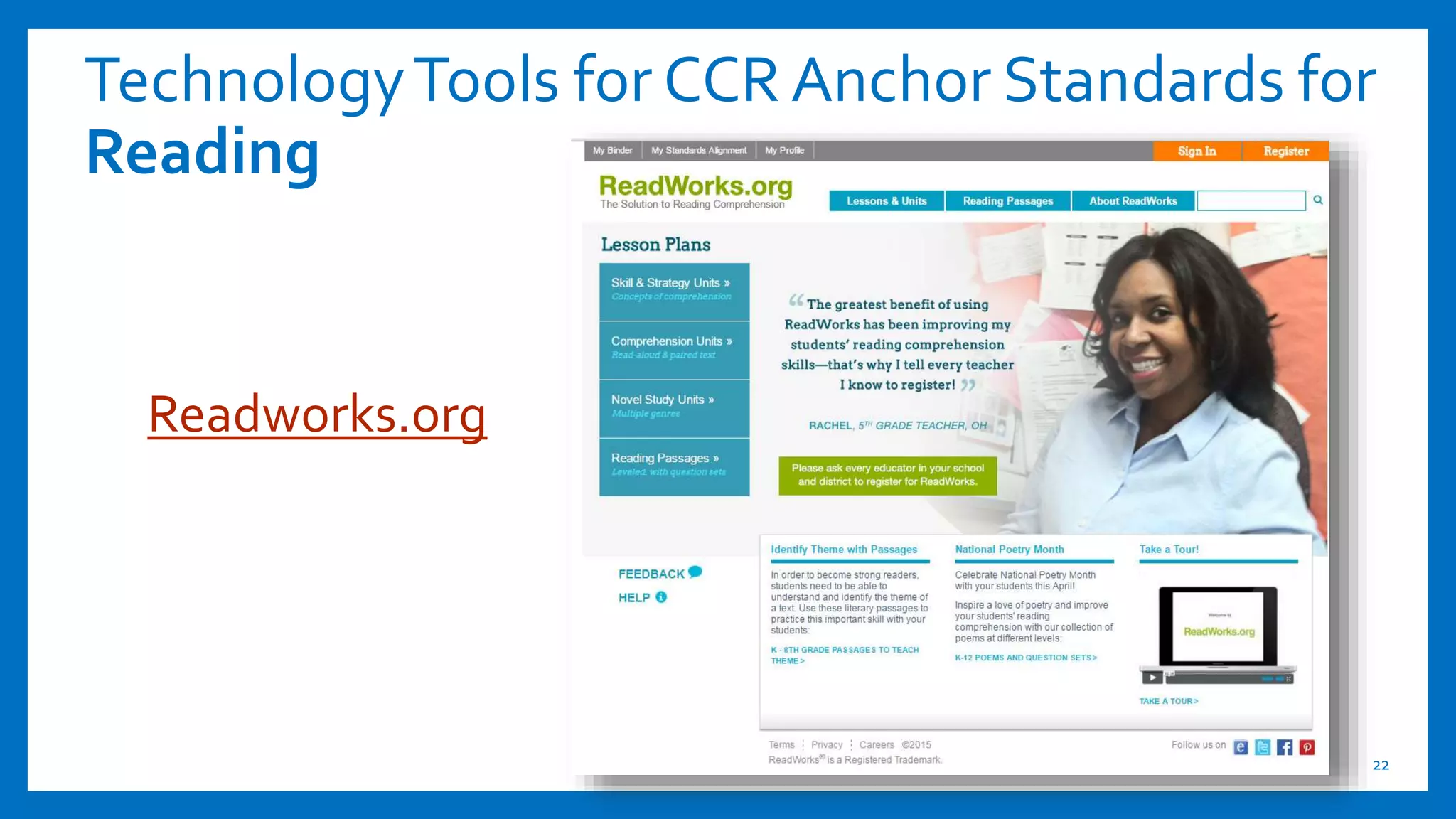 TechnologyTools for CCR Anchor Standards for
Reading
22
Readworks.org
 