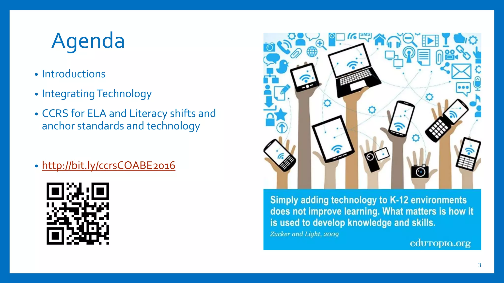 Agenda
• Introductions
• IntegratingTechnology
• CCRS for ELA and Literacy shifts and
anchor standards and technology
• http://bit.ly/ccrsCOABE2016
3
 
