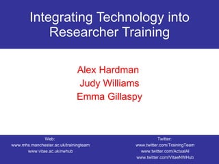 Integrating Technology into Researcher Training Alex Hardman  Judy Williams Emma Gillaspy Web:  www.mhs.manchester.ac.uk/trainingteam www.vitae.ac.uk/nwhub Twitter:  www.twitter.com/TrainingTeam www.twitter.com/ActualAl www.twitter.com/VitaeNWHub 