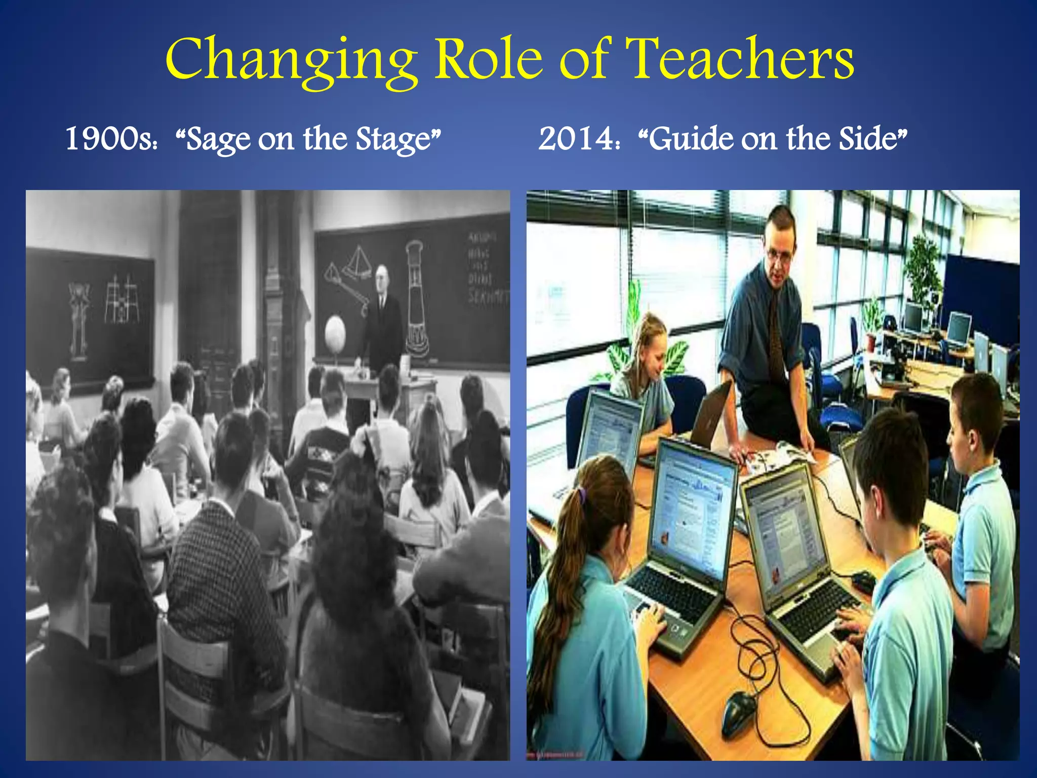 Changing Role of Teachers 
1900s: “Sage on the Stage” 2014: “Guide on the Side” 
 