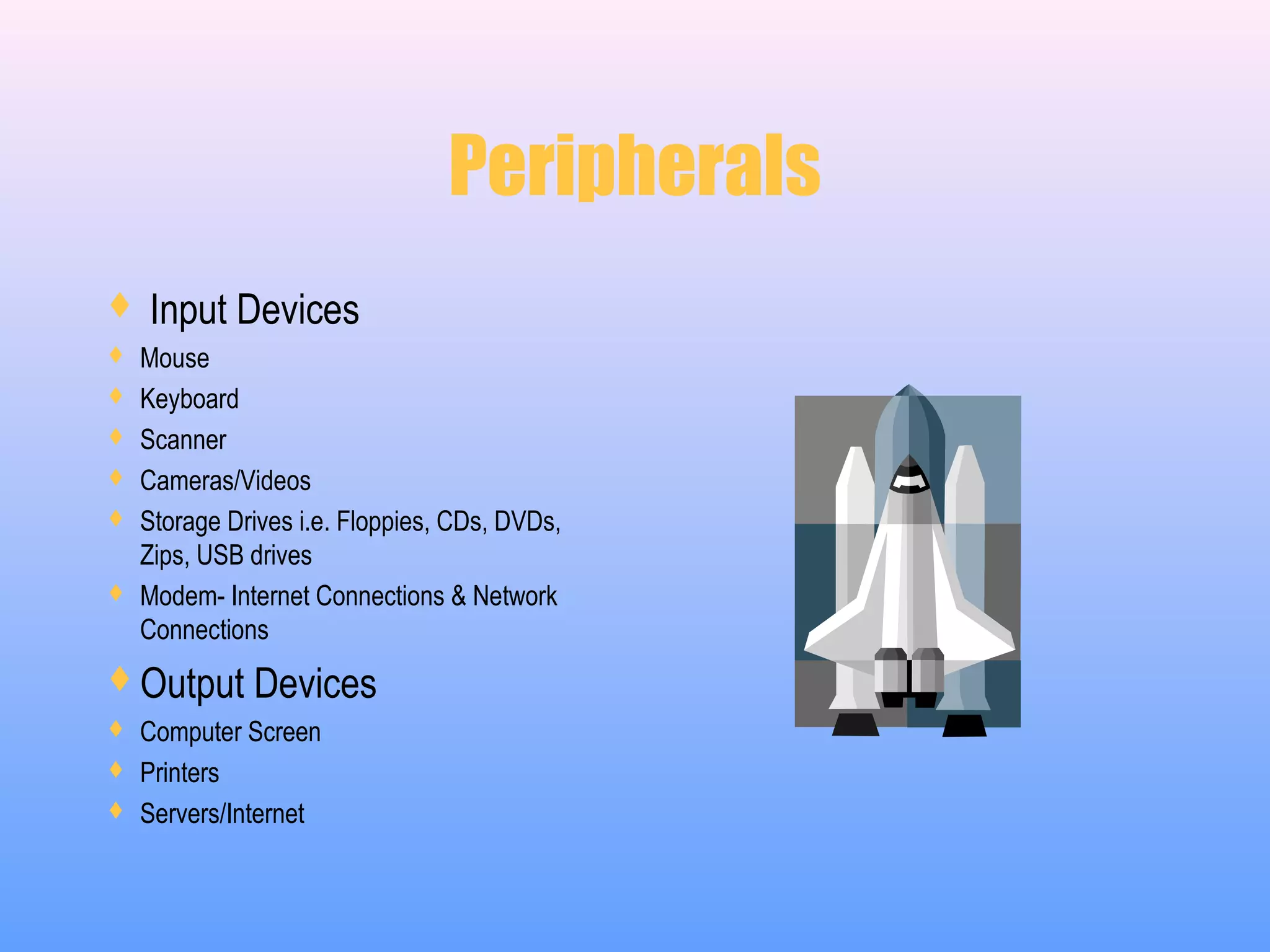 Peripherals
 Input Devices
 Mouse
 Keyboard
 Scanner
 Cameras/Videos
 Storage Drives i.e. Floppies, CDs, DVDs,
Zips, USB drives
 Modem- Internet Connections & Network
Connections
Output Devices
 Computer Screen
 Printers
 Servers/Internet
 