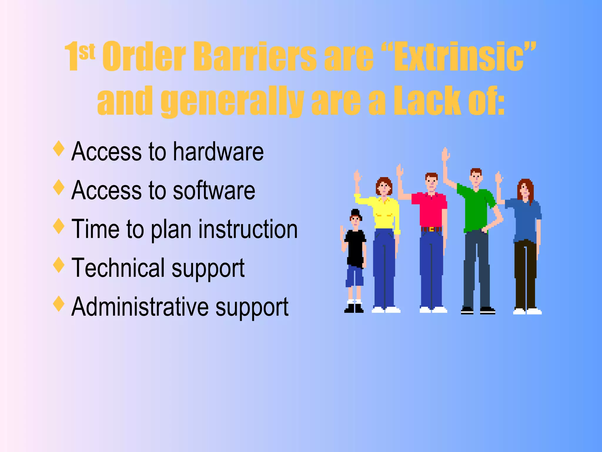 1st
Order Barriers are “Extrinsic”
and generally are a Lack of:
Access to hardware
Access to software
Time to plan instruction
Technical support
Administrative support
 