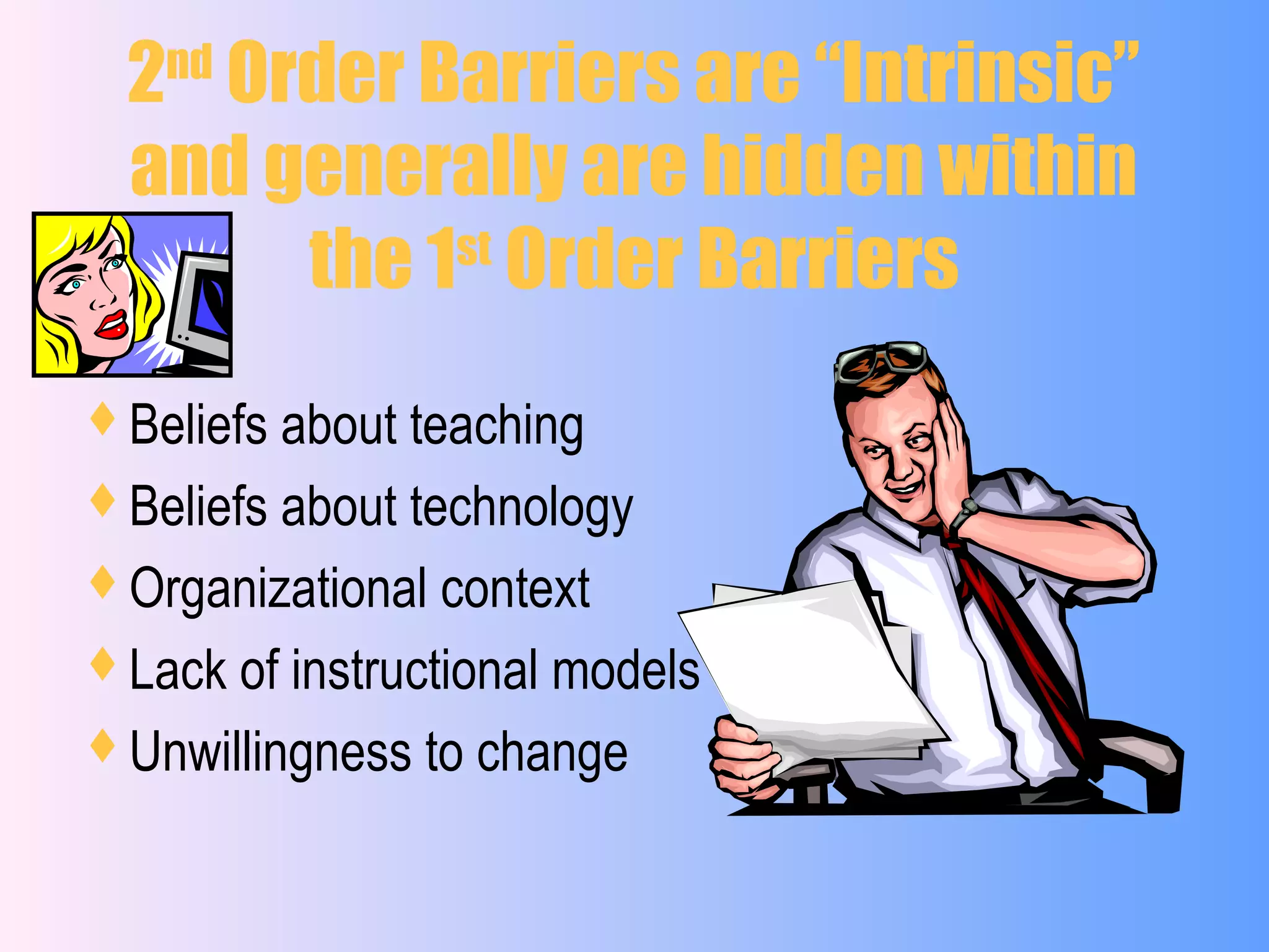 2nd
Order Barriers are “Intrinsic”
and generally are hidden within
the 1st
Order Barriers
Beliefs about teaching
Beliefs about technology
Organizational context
Lack of instructional models
Unwillingness to change
 