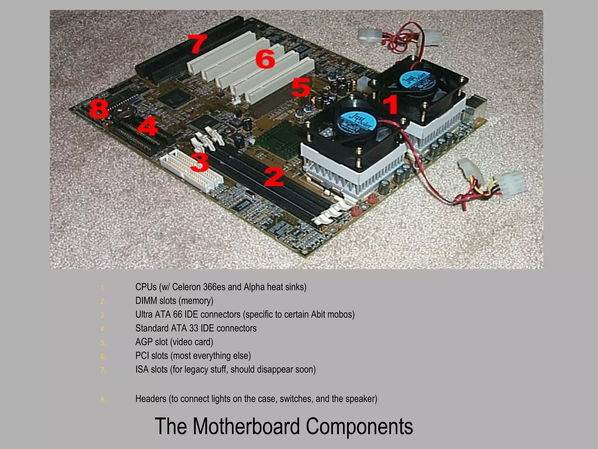 1. CPUs (w/ Celeron 366es and Alpha heat sinks)
2. DIMM slots (memory)
3. Ultra ATA 66 IDE connectors (specific to certain Abit mobos)
4. Standard ATA 33 IDE connectors
5. AGP slot (video card)
6. PCI slots (most everything else)
7. ISA slots (for legacy stuff, should disappear soon)
8. Headers (to connect lights on the case, switches, and the speaker)
The Motherboard Components
 