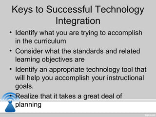 Keys to Successful Technology
Integration
• Identify what you are trying to accomplish
in the curriculum
• Consider what the standards and related
learning objectives are
• Identify an appropriate technology tool that
will help you accomplish your instructional
goals.
• Realize that it takes a great deal of
planning
 
