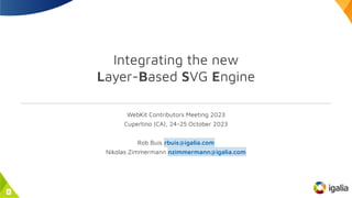 Integrating the new
Layer-Based SVG Engine
WebKit Contributors Meeting 2023
Cupertino (CA), 24-25 October 2023
Rob Buis
Nikolas Zimmermann
rbuis@igalia.com
nzimmermann@igalia.com
1
 