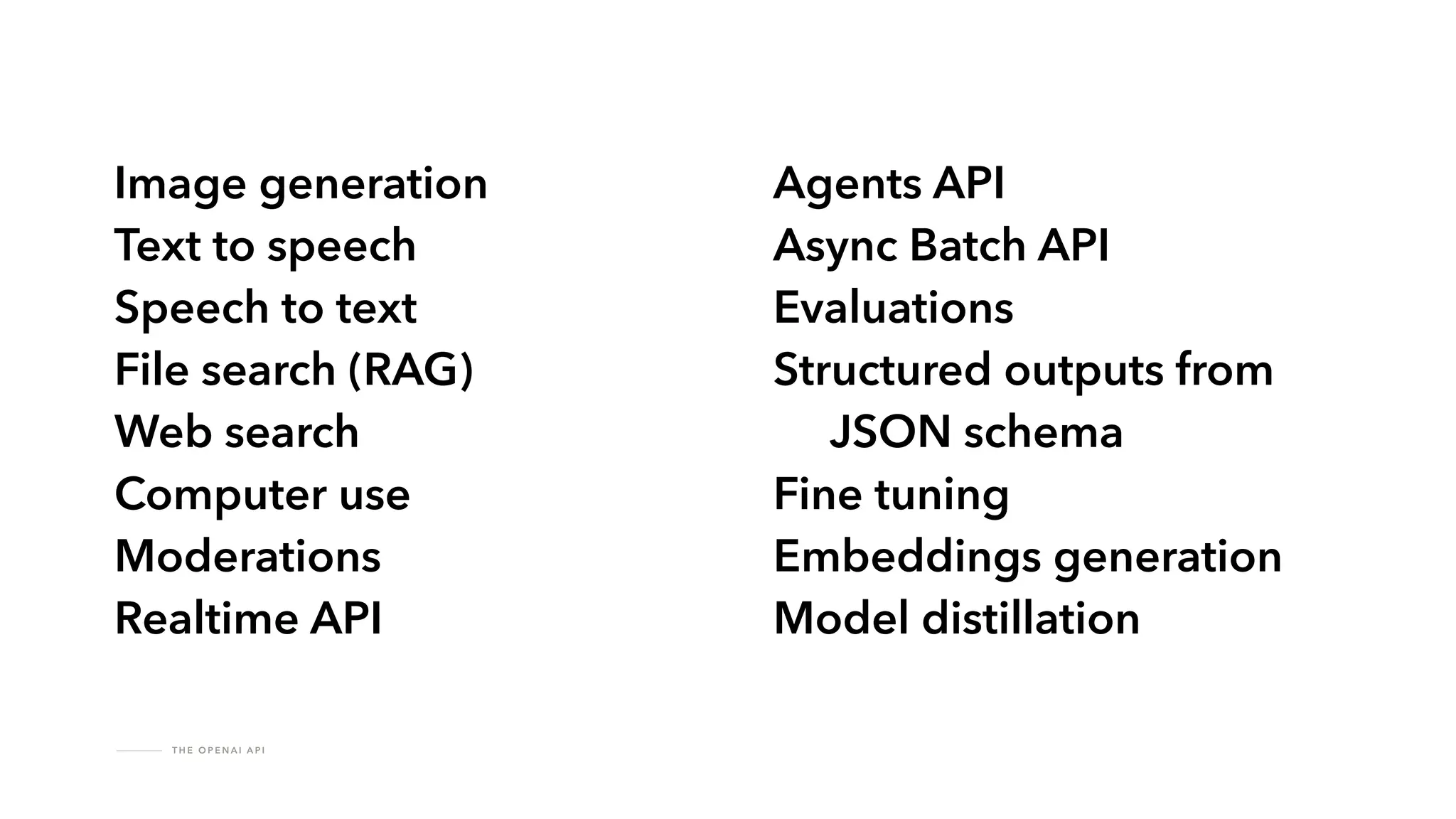 T H E O P E N A I A P I
Image generation
Text to speech
Speech to text
File search (RAG)
Web search
Computer use
Moderations
Realtime API
Agents API
Async Batch API
Evaluations
Structured outputs from
JSON schema
Fine tuning
Embeddings generation
Model distillation
 