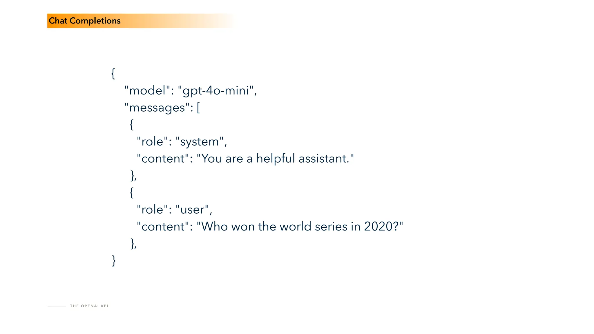 T H E O P E N A I A P I
{
"model": "gpt-4o-mini",
"messages": [
{
"role": "system",
"content": "You are a helpful assistant."
},
{
"role": "user",
"content": "Who won the world series in 2020?"
},
}
Chat Completions
 