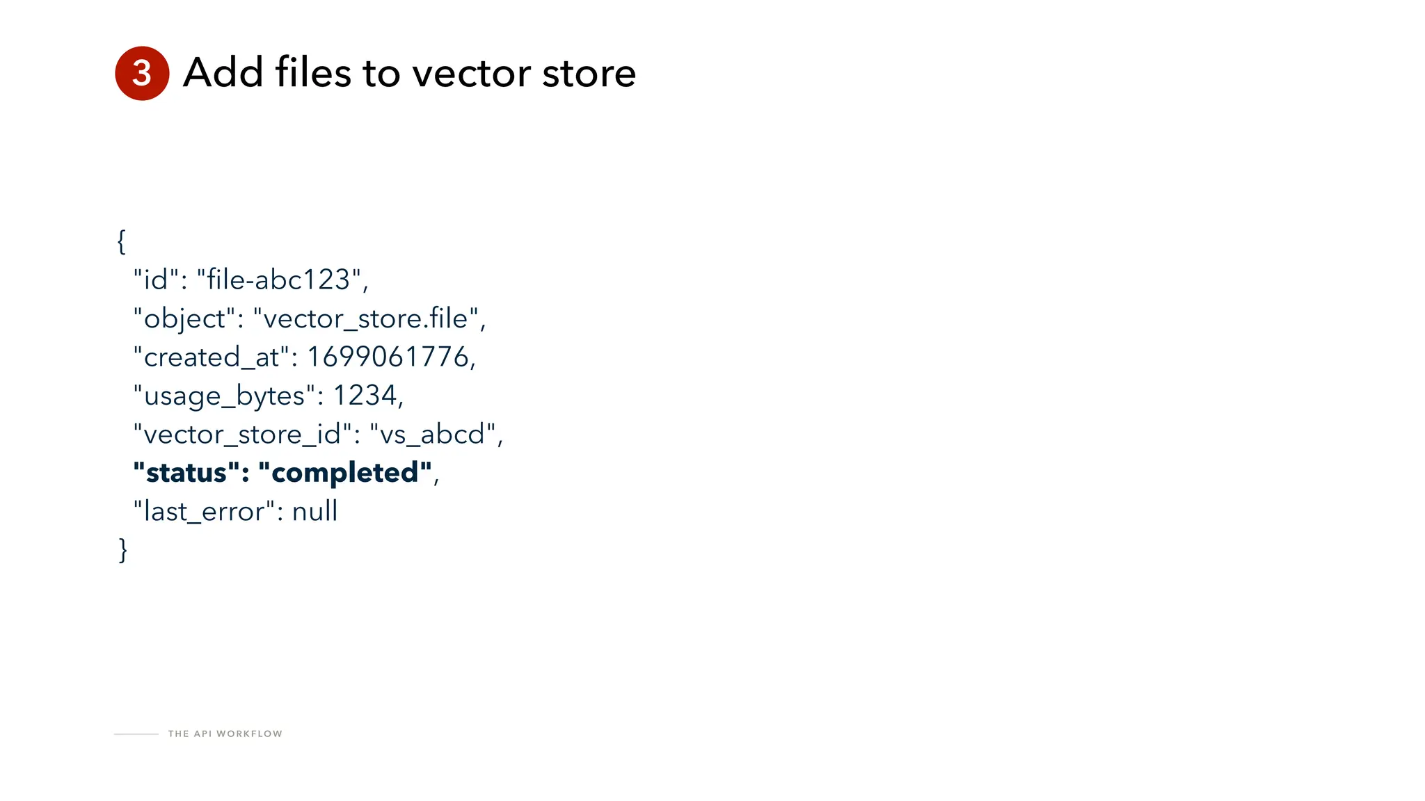 T H E A P I W O R K F LO W
3 Add
fi
les to vector store
{
"id": "
fi
le-abc123",
"object": "vector_store.
fi
le",
"created_at": 1699061776,
"usage_bytes": 1234,
"vector_store_id": "vs_abcd",
"status": "completed",
"last_error": null
}
 