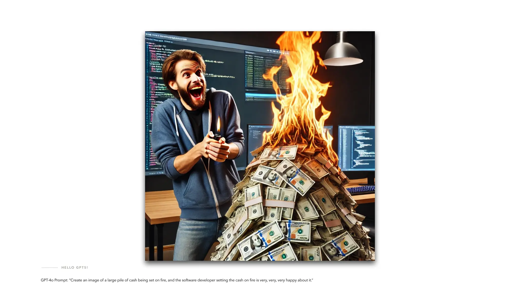 H E L LO G P T S !
GPT-4o Prompt: “Create an image of a large pile of cash being set on
fi
re, and the software developer setting the cash on
fi
re is very, very, very happy about it.”
 
