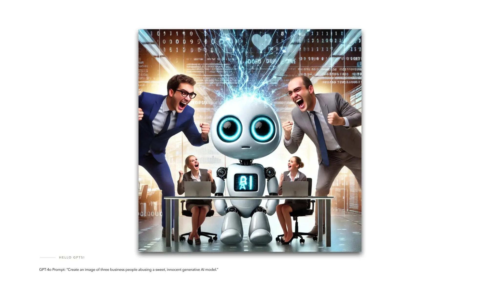 H E L LO G P T S !
GPT-4o Prompt: “Create an image of three business people abusing a sweet, innocent generative AI model.”
 