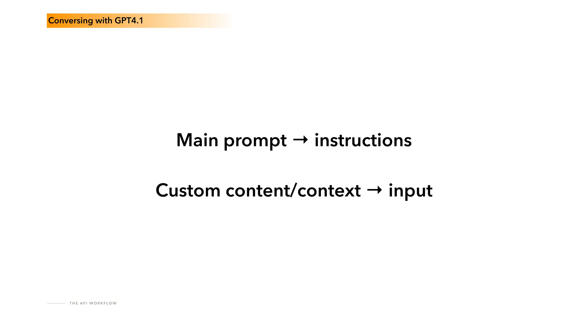 T H E A P I W O R K F LO W
Conversing with GPT4.1
Main prompt → instructions
Custom content/context → input
 