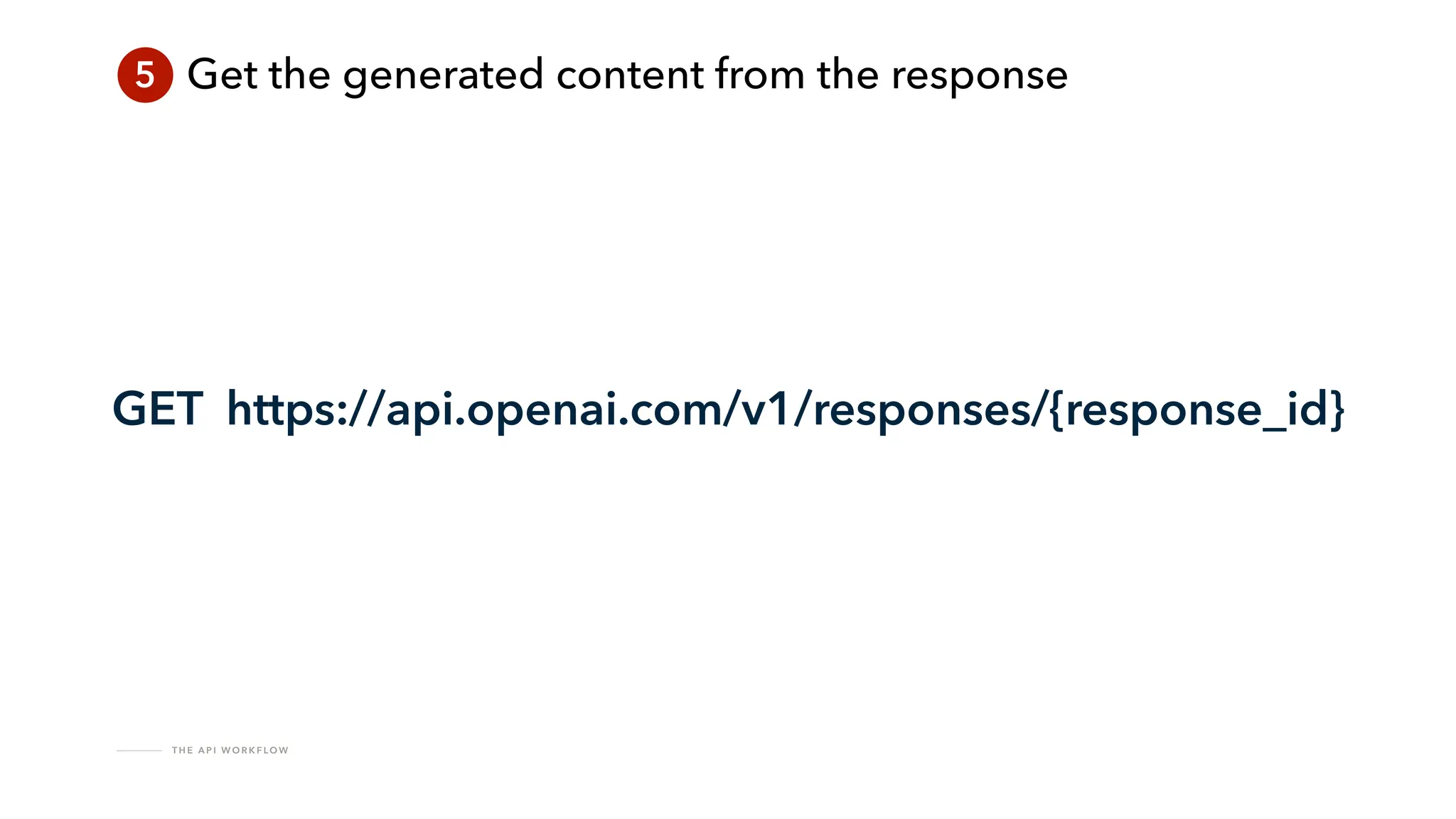 T H E A P I W O R K F LO W
5 Get the generated content from the response
GET https://api.openai.com/v1/responses/{response_id}
 