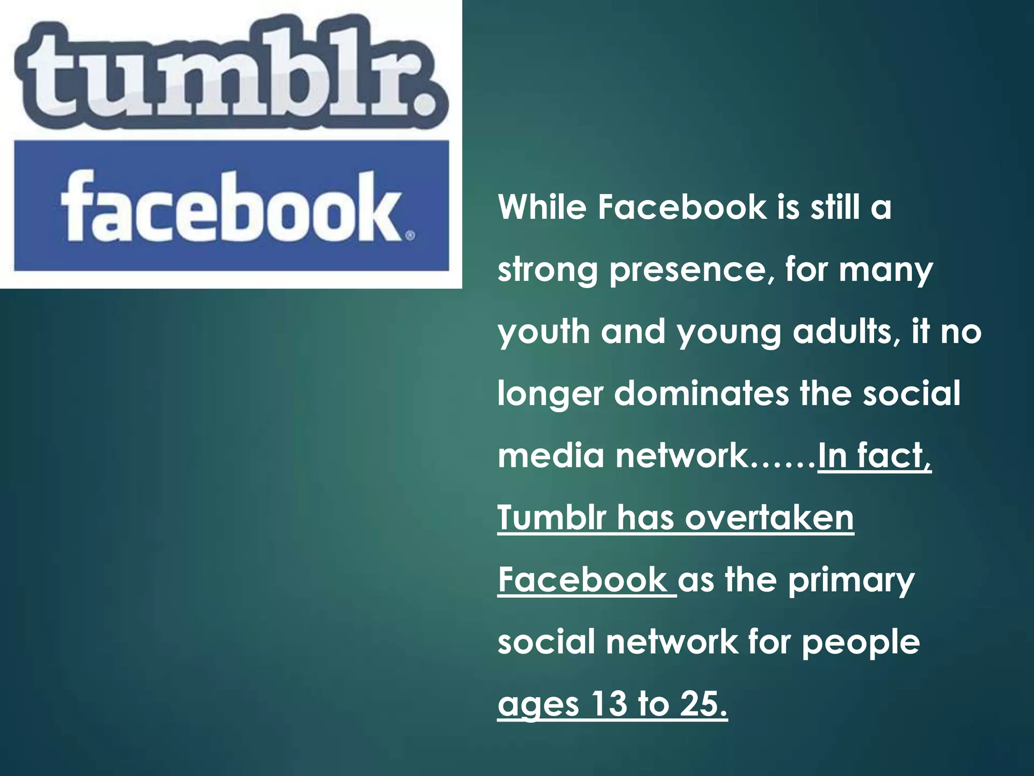 While Facebook is still a
strong presence, for many
youth and young adults, it no
longer dominates the social
media network……In fact,
Tumblr has overtaken
Facebook as the primary
social network for people
ages 13 to 25.
 