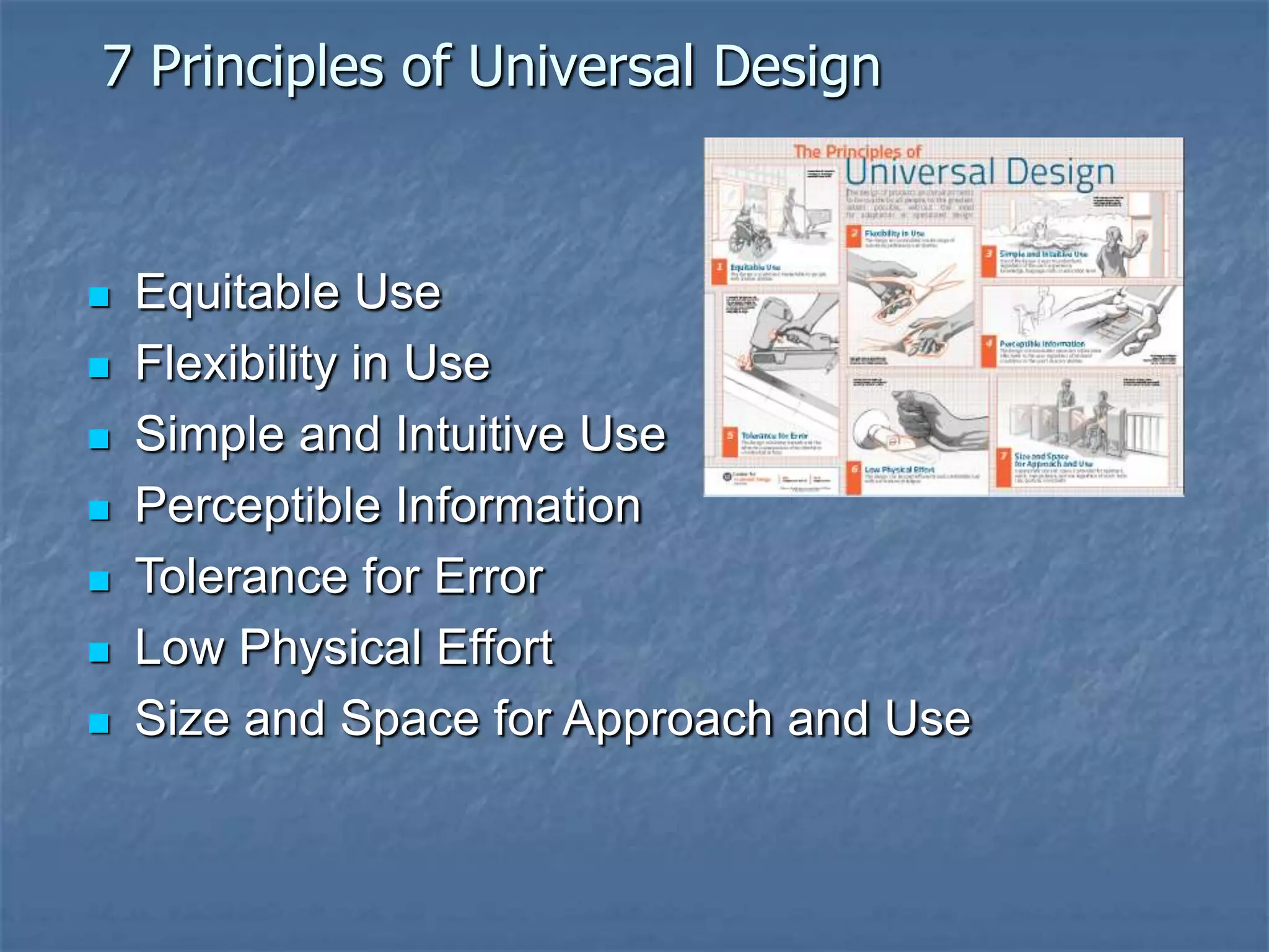 7 Principles of Universal Design


   Equitable Use
   Flexibility in Use
   Simple and Intuitive Use
   Perceptible Information
   Tolerance for Error
   Low Physical Effort
   Size and Space for Approach and Use
 