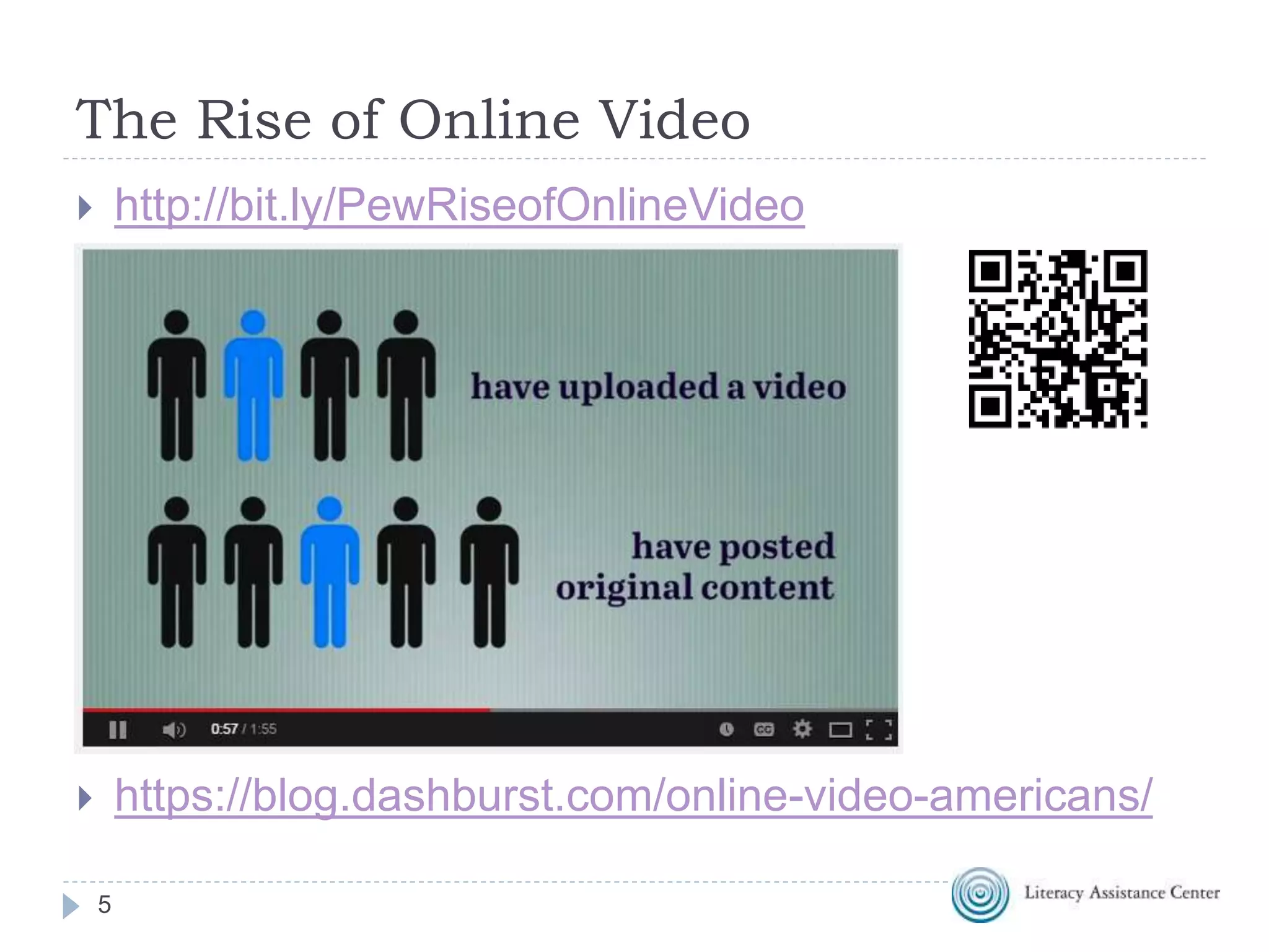 The Rise of Online Video
5
 http://bit.ly/PewRiseofOnlineVideo
 https://blog.dashburst.com/online-video-americans/
 
