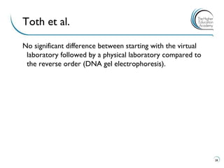 No significant difference between starting with the virtual laboratory followed by a physical laboratory compared to the reverse order (DNA gel electrophoresis). 
28 
Toth et al.  