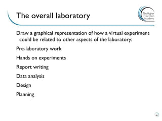 Draw a graphical representation of how a virtual experiment could be related to other aspects of the laboratory: 
Pre-laboratory work 
Hands on experiments 
Report writing 
Data analysis 
Design 
Planning 
30 
The overall laboratory  
