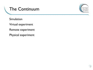 Simulation 
Virtual experiment 
Remote experiment 
Physical experiment 
4 
The Continuum  