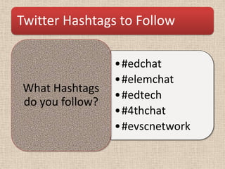 Twitter Hashtags to Follow

                 •#edchat
                 •#elemchat
What Hashtags
                 •#edtech
do you follow?
                 •#4thchat
                 •#evscnetwork
 