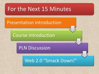 For the Next 15 Minutes

Presentation introduction

  Course introduction

     PLN Discussion

        Web 2.0 “Smack Down!”
 