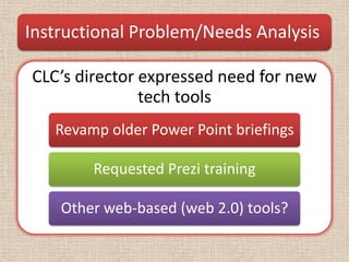 Instructional Problem/Needs Analysis

CLC’s director expressed need for new
               tech tools
   Revamp older Power Point briefings

        Requested Prezi training

    Other web-based (web 2.0) tools?
 