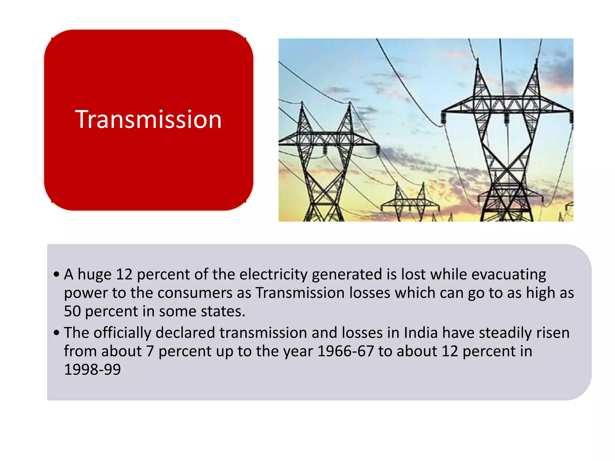 Transmission

• A huge 12 percent of the electricity generated is lost while evacuating
power to the consumers as Transmission losses which can go to as high as
50 percent in some states.
• The officially declared transmission and losses in India have steadily risen
from about 7 percent up to the year 1966-67 to about 12 percent in
1998-99

 