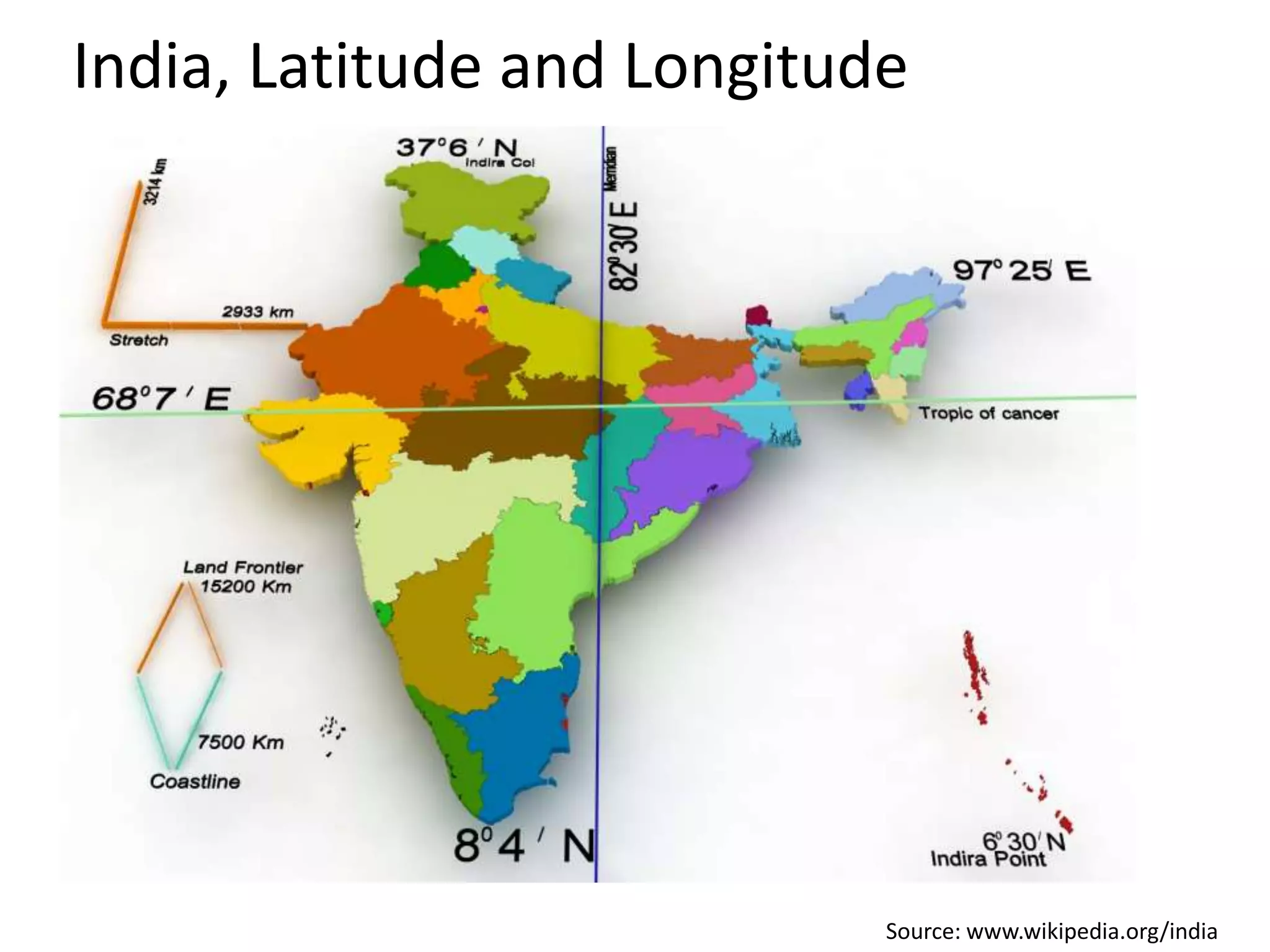 India, Latitude and Longitude

Source: www.wikipedia.org/india

 