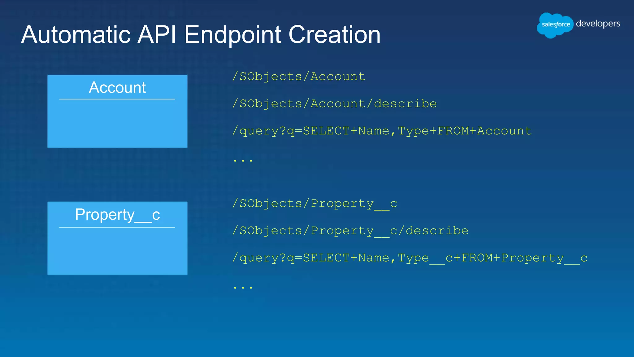 Automatic API Endpoint Creation
Account
Property__c
/SObjects/Account
/SObjects/Account/describe
/query?q=SELECT+Name,Type+FROM+Account
...
/SObjects/Property__c
/SObjects/Property__c/describe
/query?q=SELECT+Name,Type__c+FROM+Property__c
...
 