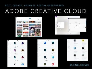 A D O B E C R E AT I V E C L O U D
E D I T, C R E A T E , A N I M A T E & W O W U N T E T H E R E D
@ J E N B L O G S 4 U
 