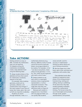     TEACHINGTIPS     TEACHINGTIPS     TEACHINGTIPS     TEACHINGTIPS     TEACHINGTIPS     TEACHI
GTIPS    TEACHINGTIPS     TEACHINGTIPS     TEACHINGTIPS     TEACHINGTIPS     TEACHINGTIPS     T
IPS    TEACHINGTIPS     TEACHINGTIPS     TEACHINGTIPS     TEACHINGTIPS     TEACHINGTIPS     TEA
HINGTIPS    TEACHINGTIPS     TEACHINGTIPS     TEACHINGTIPS     TEACHINGTIPS     TEACHINGTIPS     T
TIPS    TEACHINGTIPS     TEACHINGTIPS     TEACHINGTIPS     TEACHINGTIPS     TEACHINGTIPS     TEA
    TEACHINGTIPS     TEACHINGTIPS     TEACHINGTIPS     TEACHINGTIPS     TEACHINGTIPS     TEACHI
HINGTIPS    TEACHINGTIPS     TEACHINGTIPS     TEACHINGTIPS     TEACHINGTIPS     TEACHINGTIPS     T
TIPS    TEACHINGTIPS     TEACHINGTIPS     TEACHINGTIPS     TEACHINGTIPS     TEACHINGTIPS     TEA
NGTIPS    TEACHINGTIPS     TEACHINGTIPS     TEACHINGTIPS     TEACHINGTIPS     TEACHINGTIPS    
528 The Reading Teacher      Vol. 64, No. 7      April 2011
Figure 6
An Alphabet Book Page: “T Is for Transformation” Completed by a Fifth Grader
Take ACTION!
Getting started is as easy as
ABC. Consider the mathematics
topic you are teaching.
To integrate writing and
mathematics immediately,
create a class alphabet book
using the following steps.
1.	Assign students letters of the
alphabet and have them search
for mathematics vocabulary
relevant to the topic.
For example, when studying
geometry, words such as
symmetry, reflection, and
transformation may emerge. If
the metric system is your focus of
study, then meter, gram, liter, and
so forth are important vocabulary.
Students can search
through textbooks, notes, or a
mathematics dictionary (e.g.,
Monroe, 2006) for words. If words
cannot be found for particular
letters, encourage students to
be creative. For example, J is for
“Just about everywhere—that’s
where we see geometry,” or Z is
for “Zinc, which can be measured
with metric units of mass.”
2.	Assign students to use
each word in a meaningful
sentence, draw an appropriate
representation, or write a
real-world connection. They
might also write their own
definitions (refer to Figure 6).
Because each student is
assigned one or two letters
with one page per letter, you
can quickly help students
revise and edit. Look for
accuracy in mathematical
thinking as well as clarity and
use of writing conventions.
3.	Bind the pages into a class
book, add a cover, and share your
publication with another class.
Class alphabet books allow
students to experience every
phase of the writing process—
brainstorming, revising and
editing, sharing or publishing.
At the same time, they help
students develop vocabulary
essential for mathematical
thinking. The format invites the
use of meaningful communication
through words, graphic
representations, and symbols.
 