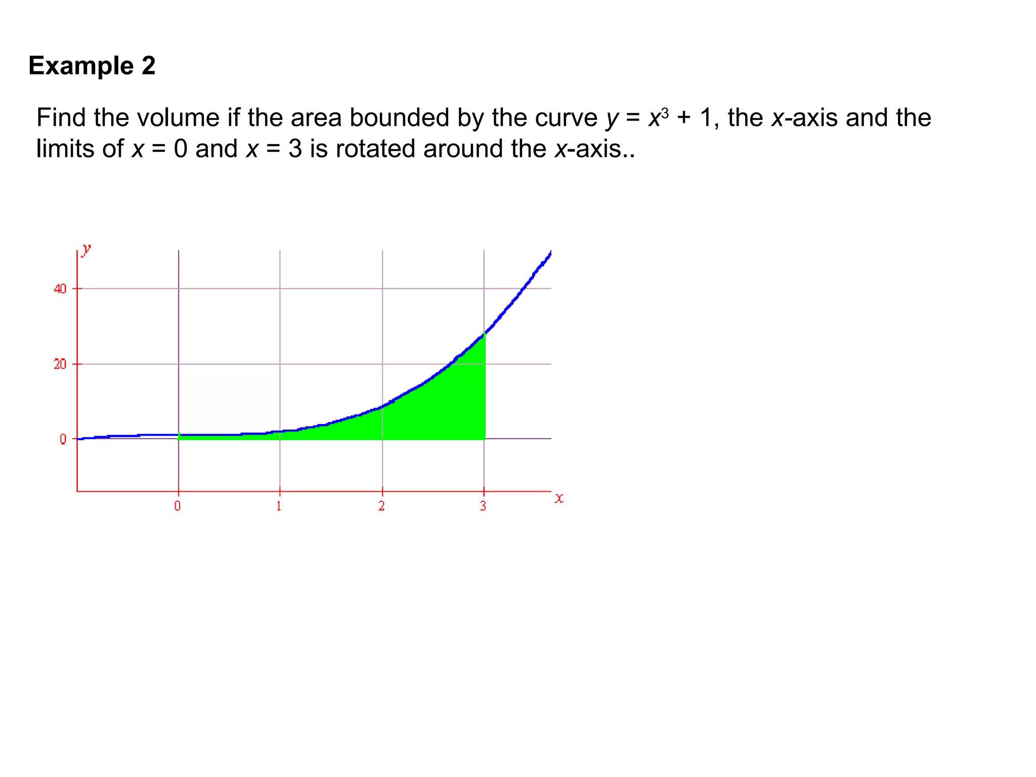 Example 2 Find the volume if the area bounded by the curve  y  =  x 3  + 1, the  x- axis and the limits of  x  = 0 and  x  = 3 is rotated around the  x -axis.. 