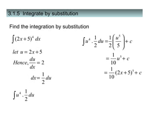 3.1.5  Integrate by substitution Find the integration by substitution  