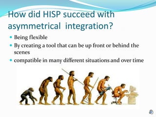 How did HISP succeed with asymmetrical  integration? Being flexibleBy creating a tool that can be up front or behind the scenes compatible in many different situations and over time