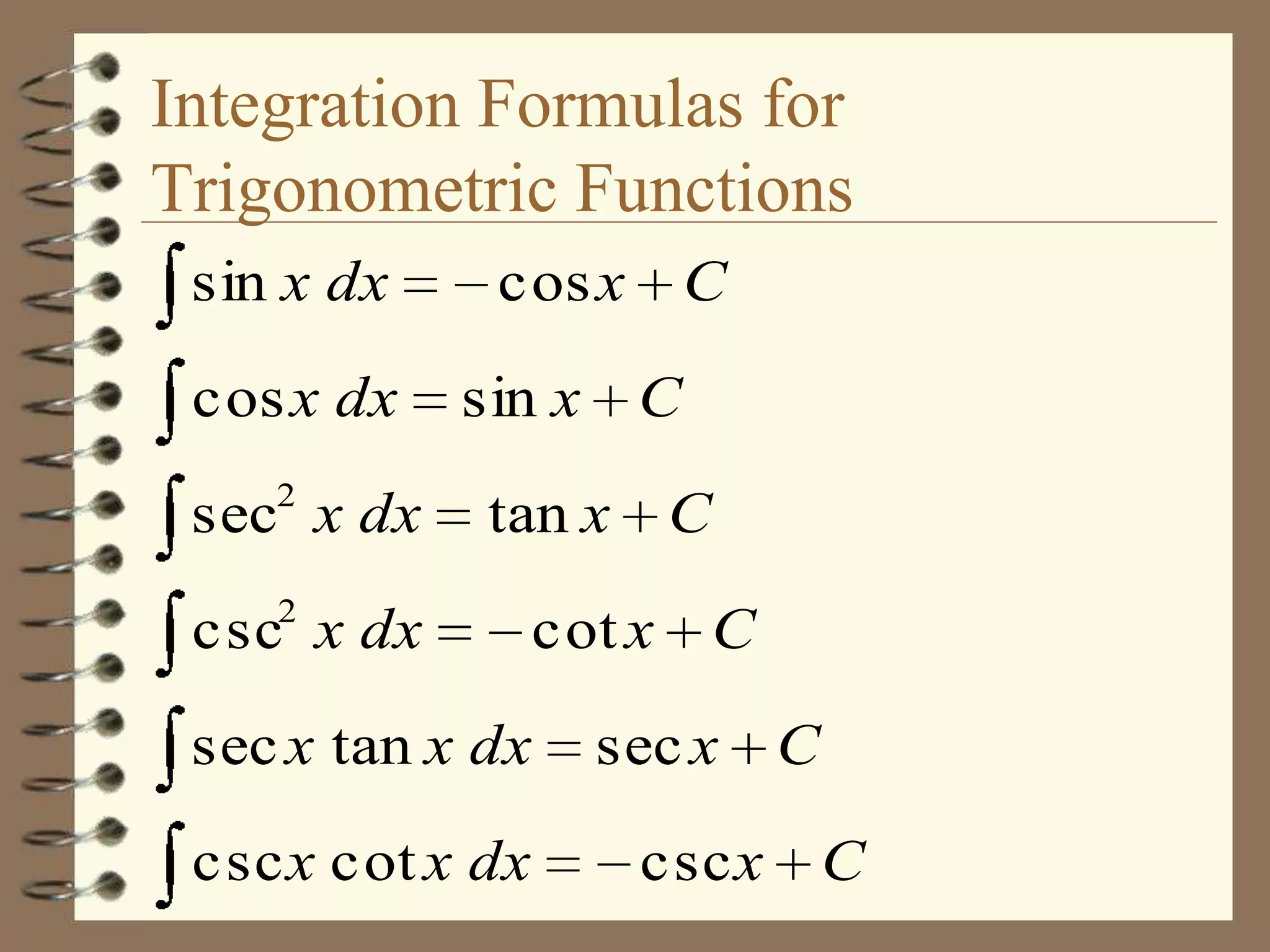 Integration Formulas for
Trigonometric Functions
sin x dx
cos x dx
2

sec x dx

cos x C
sin x C
tan x C

csc2 x dx

cot x C

sec x tan x dx
csc x cot x dx

sec x C
csc x C

 