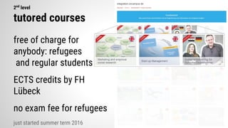 free of charge for
anybody: refugees
and regular students
ECTS credits by FH
Lübeck
no exam fee for refugees
just started summer term 2016
2nd
level
tutored courses
 