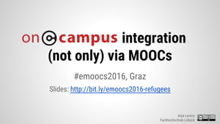 integration
(not only) via MOOCs
#emoocs2016, Graz
Slides: http://bit.ly/emoocs2016-refugees
Anja Lorenz
Fachhochschule Lübeck
 