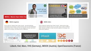 Lübeck, Kiel, Maro, VHS (Germany), iMOOX (Austria), OpenClassrooms (France)
 