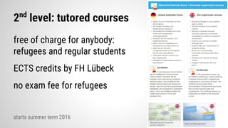 2nd
level: tutored courses
free of charge for anybody:
refugees and regular students
ECTS credits by FH Lübeck
no exam fee for refugees
starts summer term 2016
 